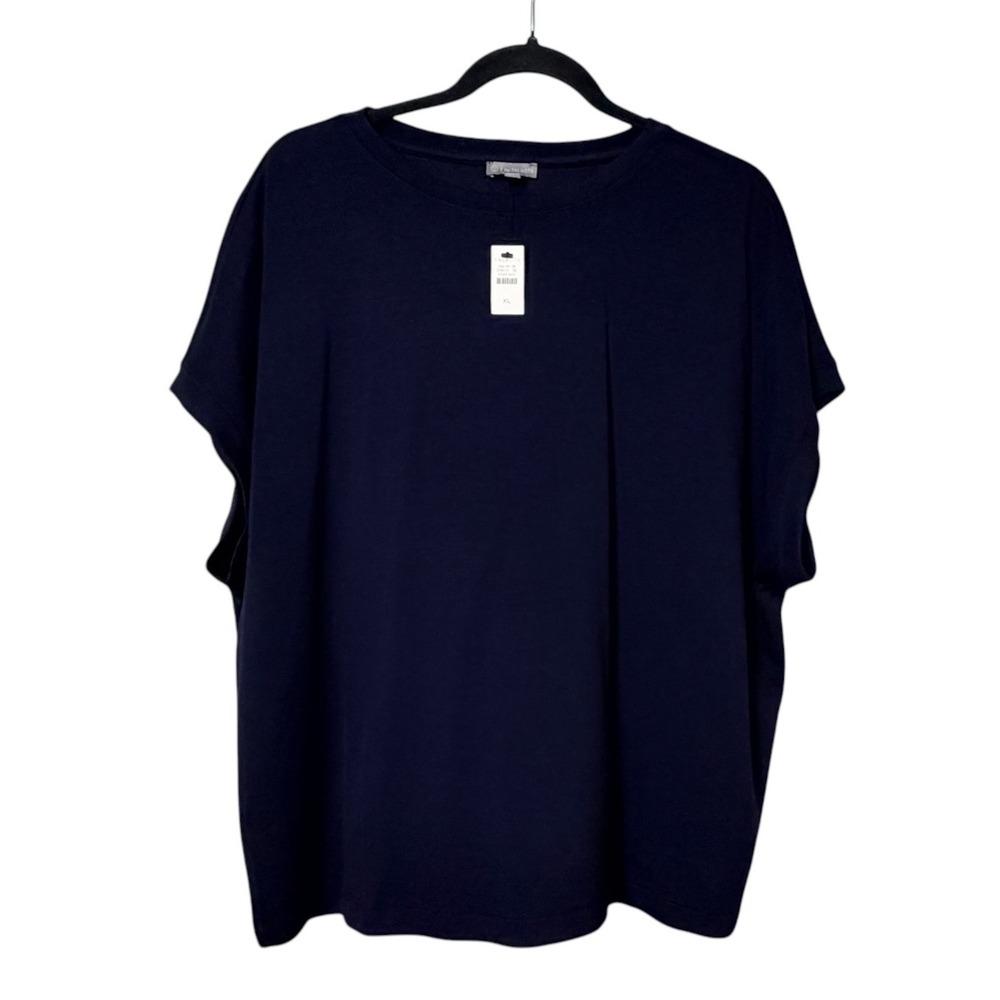 T by Talbots Navy Blue Short Sleeve Crew Neck Back Pleat Top XL NWT